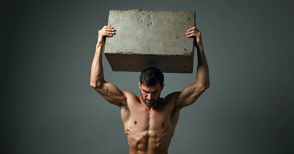 Homem parado, tenso e com expressão de esforço, tentando segurar um bloco simbólico sobre a cabeça, em cenário cinza e fechado 