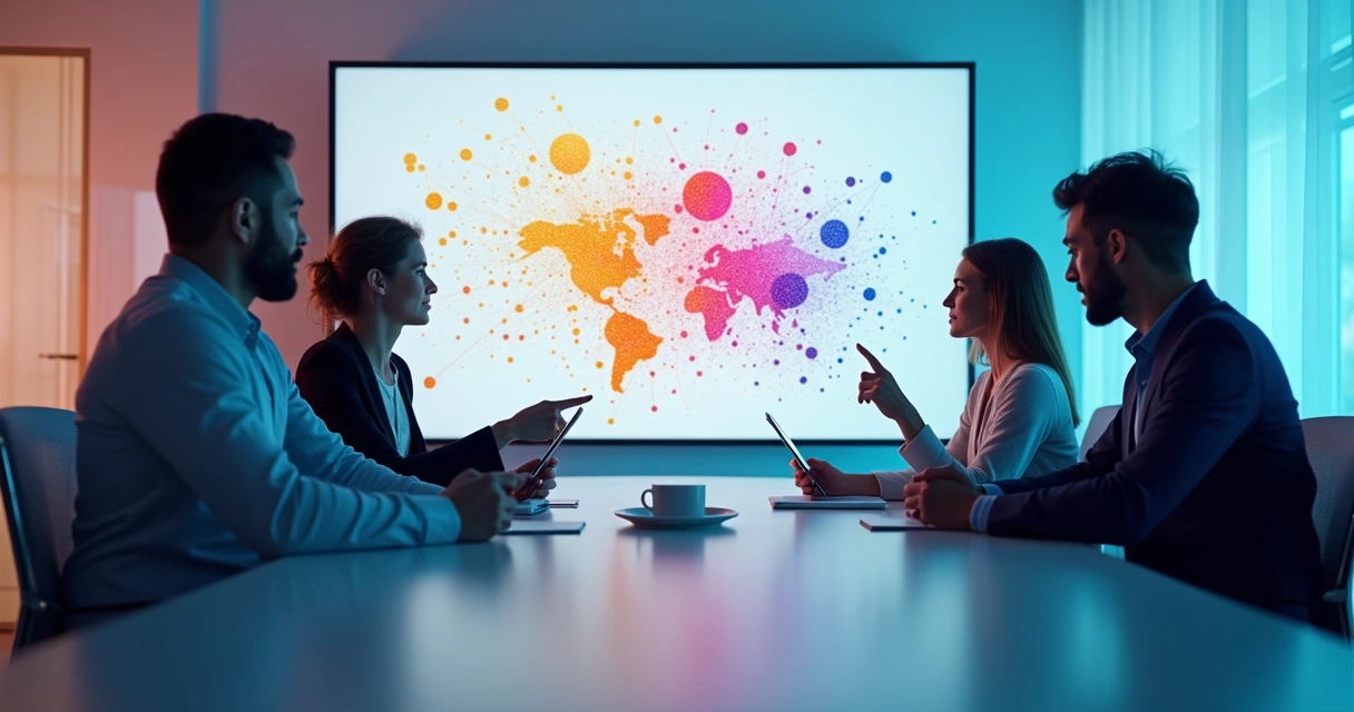 Account Mapping: potencialize parcerias cruzando dados de clientes Equipe reunida em frente a uma tela analisando dados de clientes e parceiros