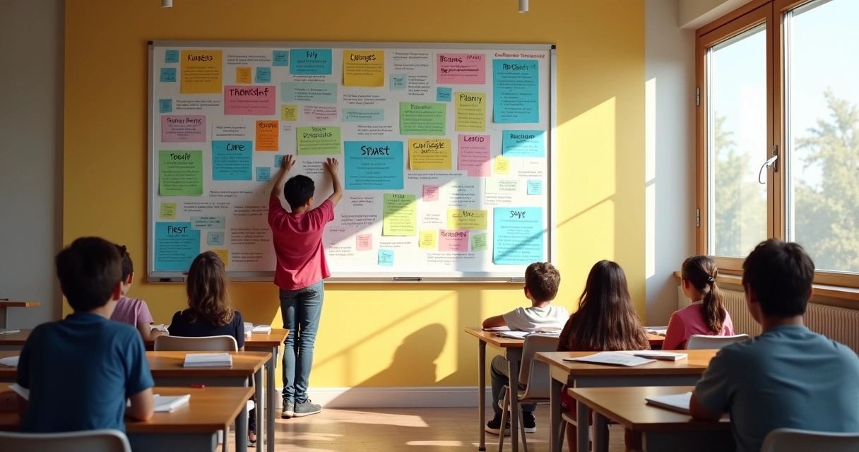 Cartaz colorido de forças de caráter na parede da escola 