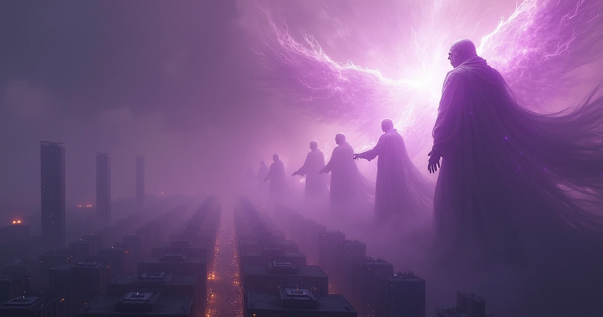 Ilustração de forças espirituais batalhando em meio a tons de roxo 