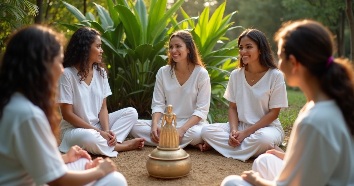 Mulheres reunidas em círculo, vestidas de branco, com elementos de orixás ao centro.