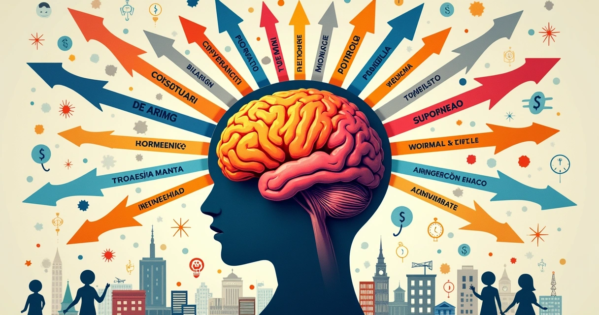 Desenho mostrando setas apontando para o cérebro humano representando forças psicológicas. 