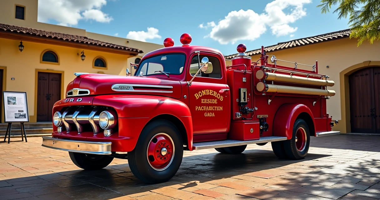 Ford Big Job 1954 vermelho de bombeiros em pátio histórico com placa Mato Grosso 