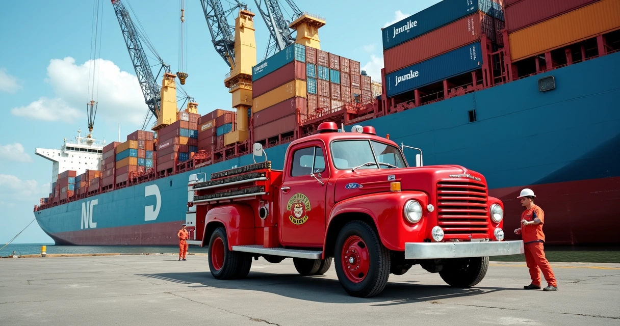 Caminhão Ford Big Job 1954 sendo embarcado em navio