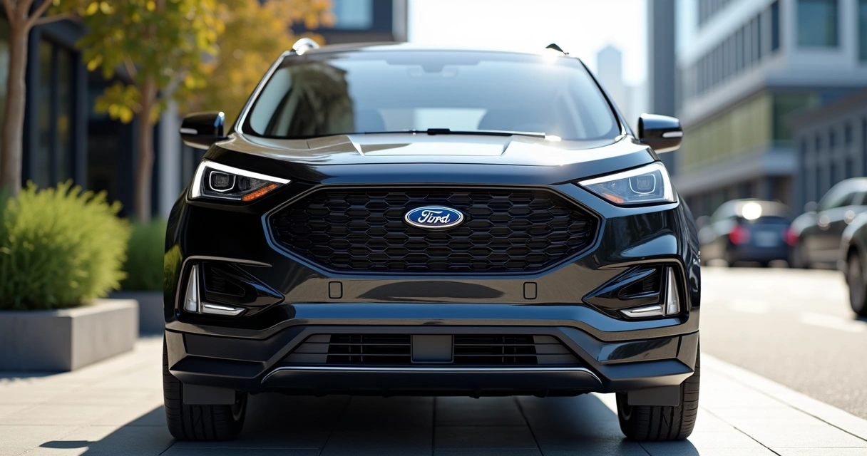 Ford Territory híbrido plug-in preto estacionado em ambiente urbano moderno com detalhes da grade colmeia preta e faróis redesenhados 