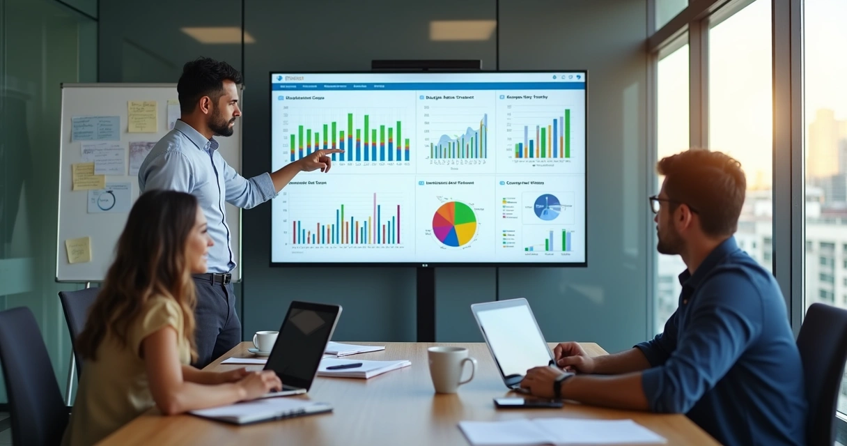 Gestor analisando gráficos de forecast estratégico em tela grande de computador 