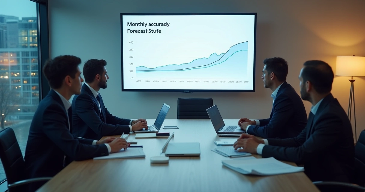 Revenue forecast review on a screen during a leadership meeting