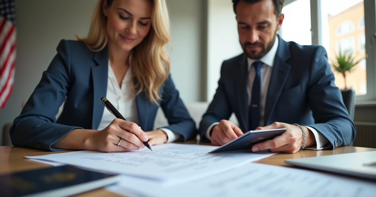 Foreign buyer reviewing down payment paperwork with mortgage advisor 