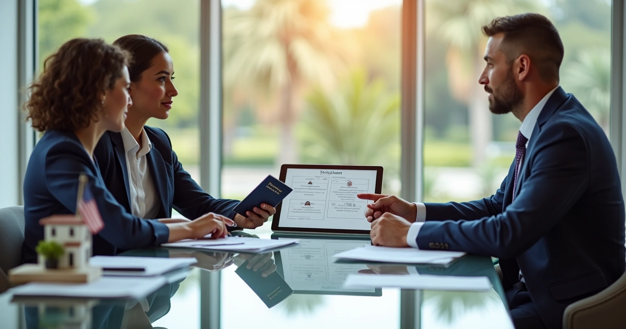 Foreign homebuyer meeting with mortgage advisor in Florida office 