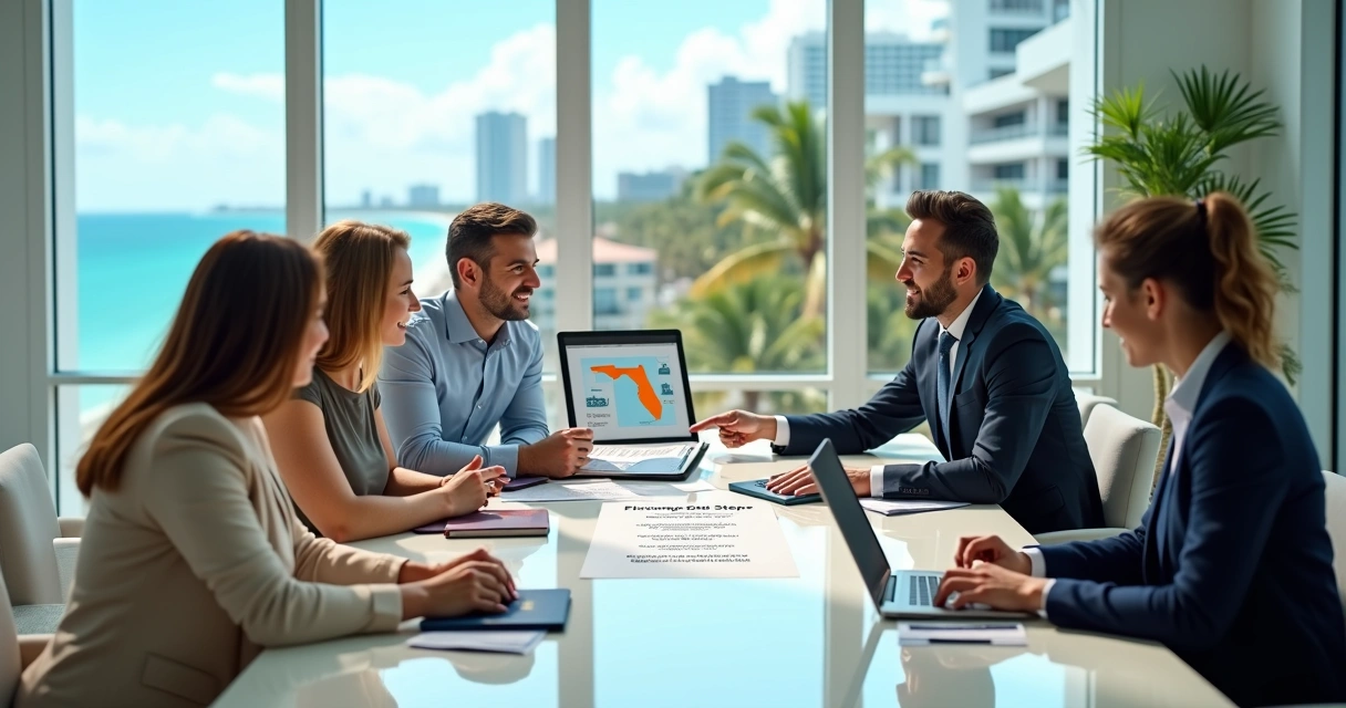 Foreign homebuyer reviewing Florida mortgage options with advisor and beach skyline map 