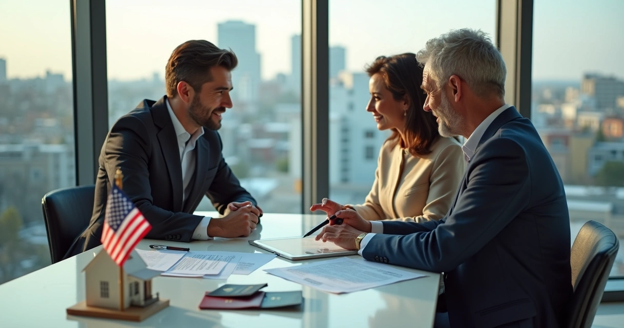 Foreign homebuyer reviewing US mortgage approval documents in modern office 
