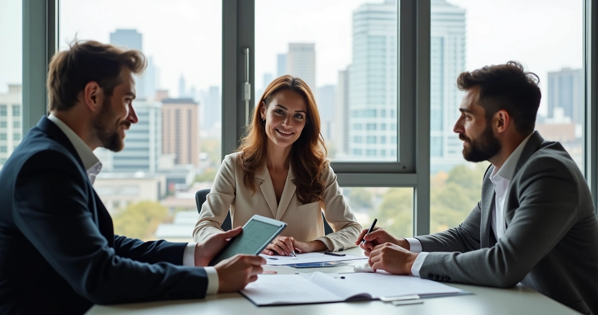Foreign national couple talking with a U.S. mortgage advisor in a sunlit, modern office 