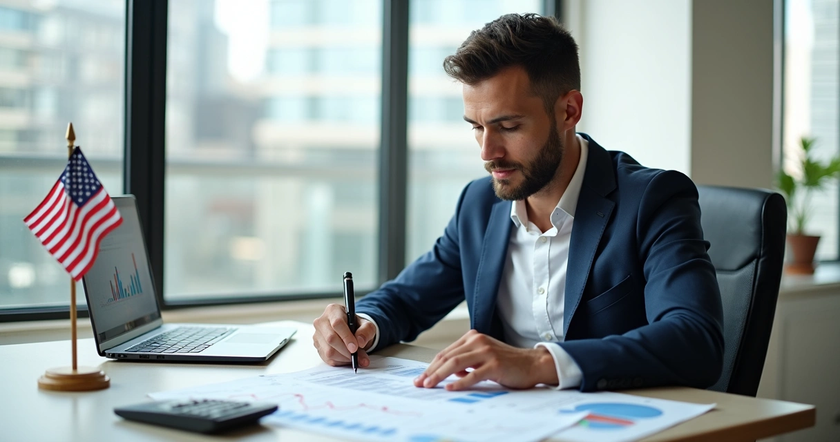 Foreigner signing home loan documents at a desk with a US flag and laptop 