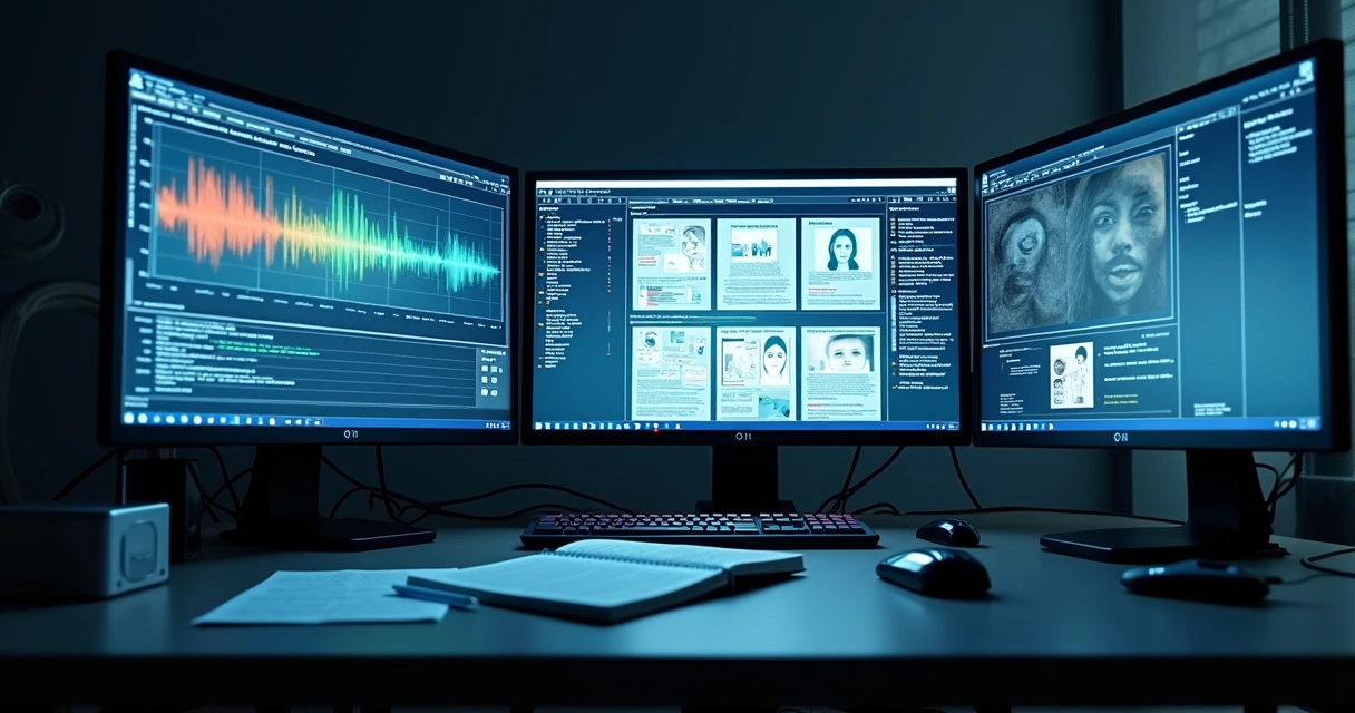 Digital forensics workstation reviewing AI evidence on multiple screens 