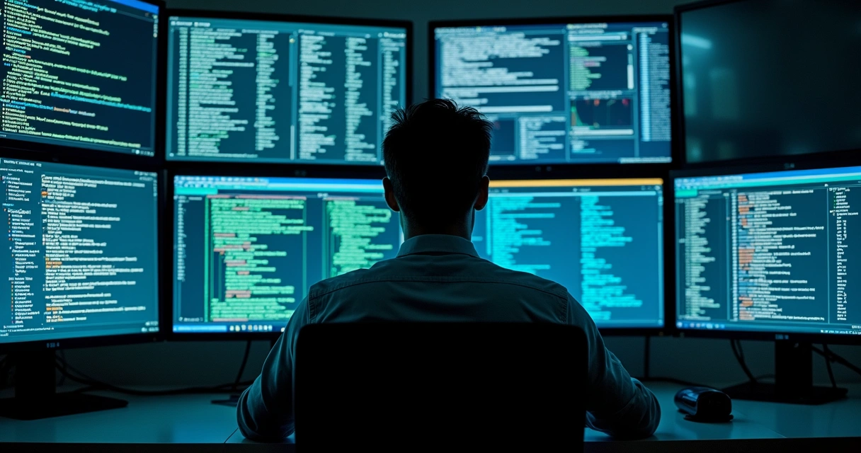 Digital forensic analyst reviewing computer network logs 