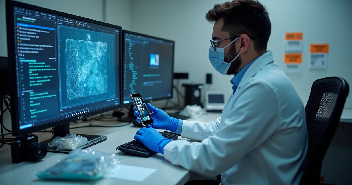 Forensic technician analyzing a smartphone with computer tools in a lab 
