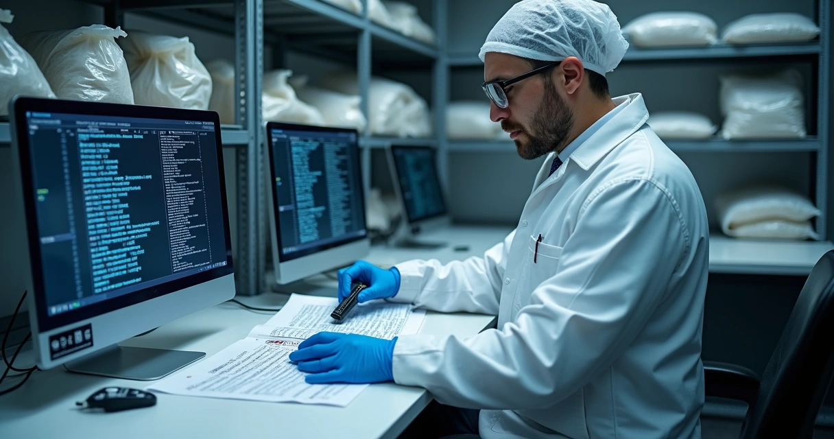 Forensics expert handling code files in digital evidence lab 
