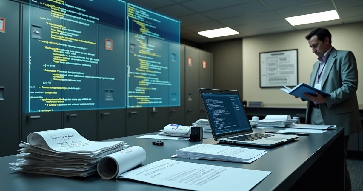 Investigator examining projected source code in a secure evidence room 