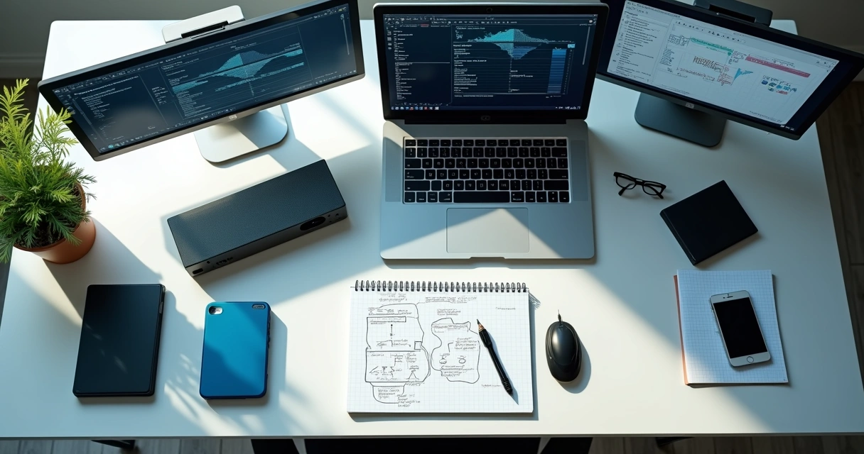 Multiple digital forensic tools organized on a desk 
