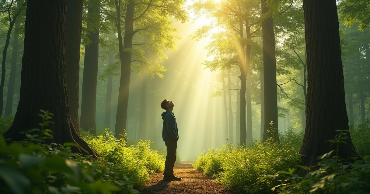 Person standing in forest looking up at tall trees with sunbeams through branches 