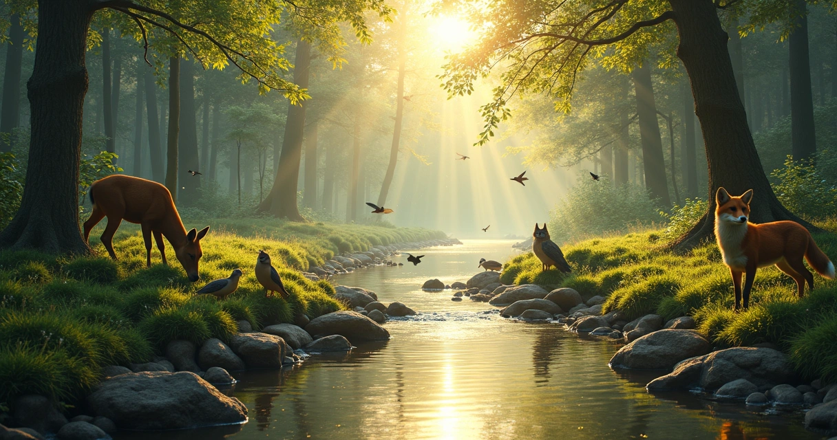 Forest landscape with diverse animals peacefully sharing the same habitat 