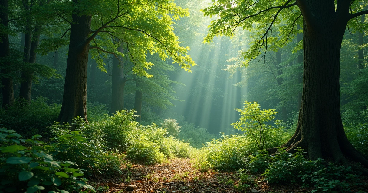 Dense forest with many tree and plant species 