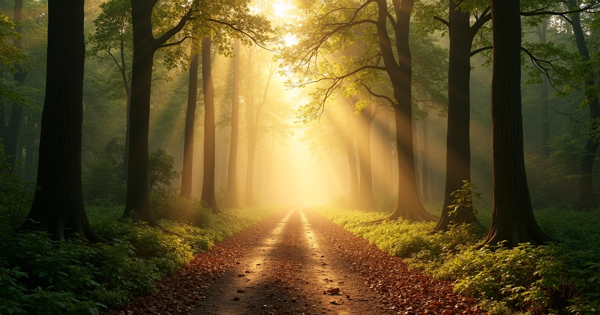 Sunlight through forest trees on a quiet walking path