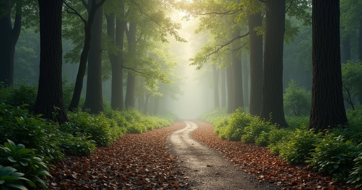 Quiet forest path after rain with light through the trees