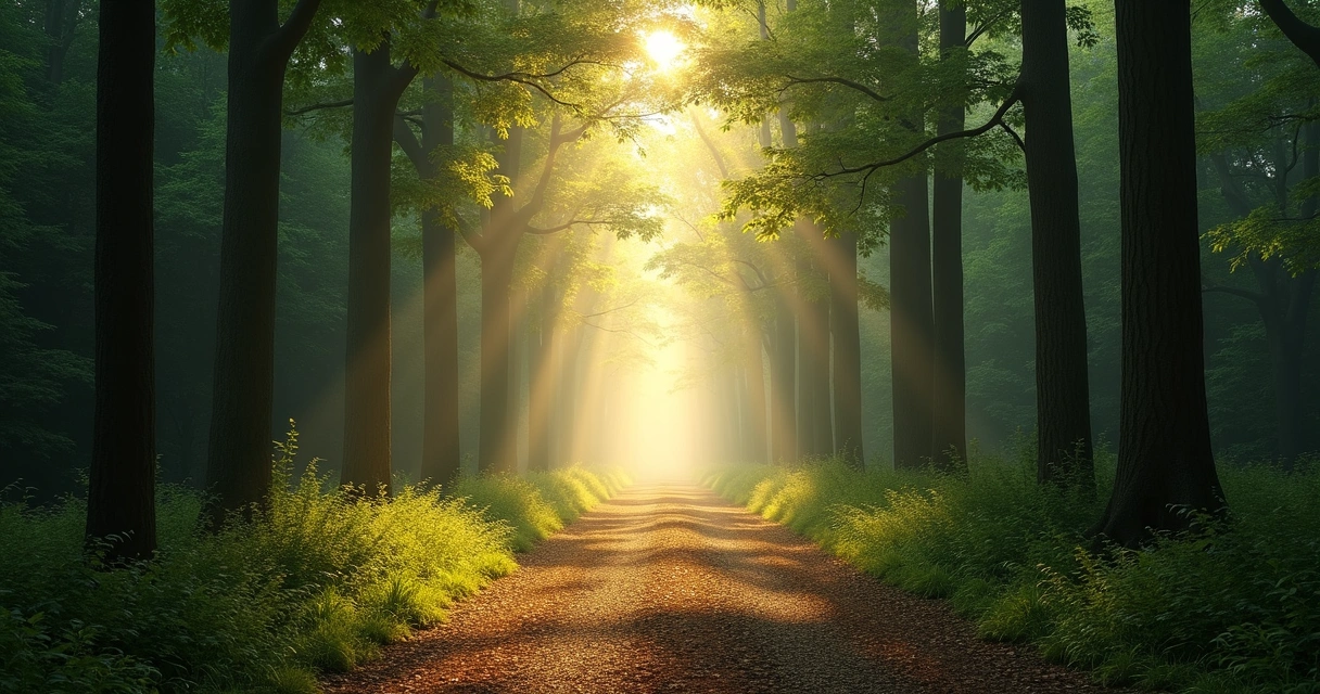 Sunlight crossing a quiet forest path