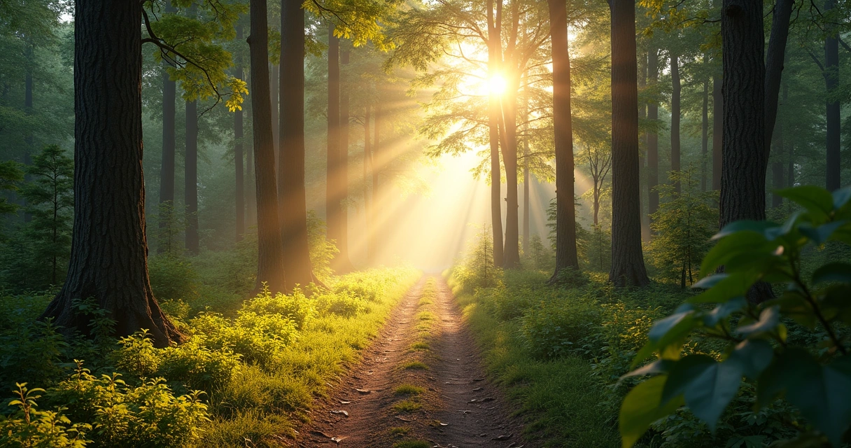 Forest path with morning light and calm atmosphere 