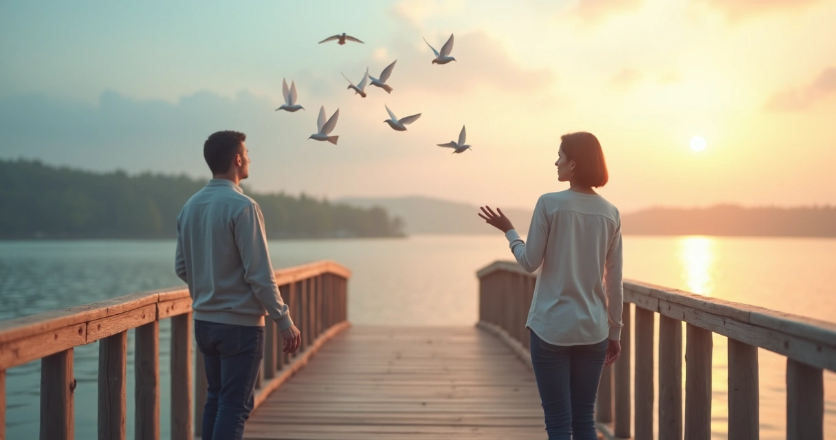 Two people on a bridge gently releasing paper birds into the sky 