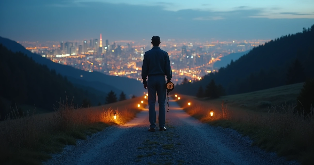 Person at forked path holding compass against glowing city and forest 