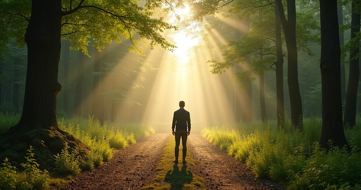 Person standing at a forked forest path 
