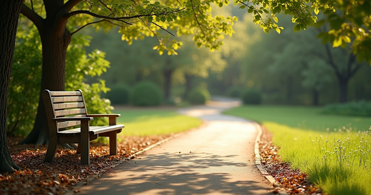 Park bench beside two walking paths in quiet daylight 
