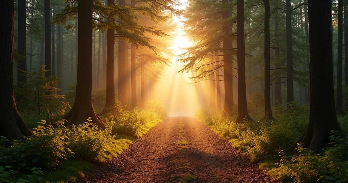 Forest path splitting into two clear directions at sunrise