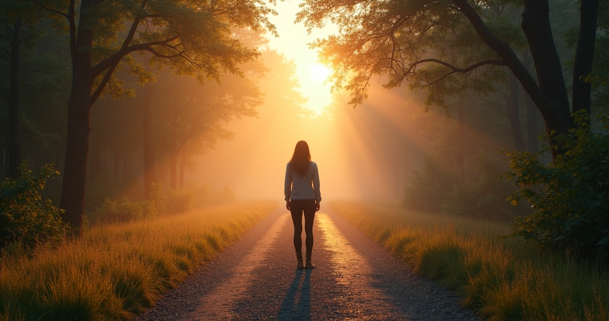 Person standing at a forked path in soft morning light