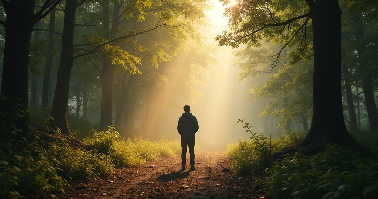 Person standing between a dark path and a bright path in a quiet forest 