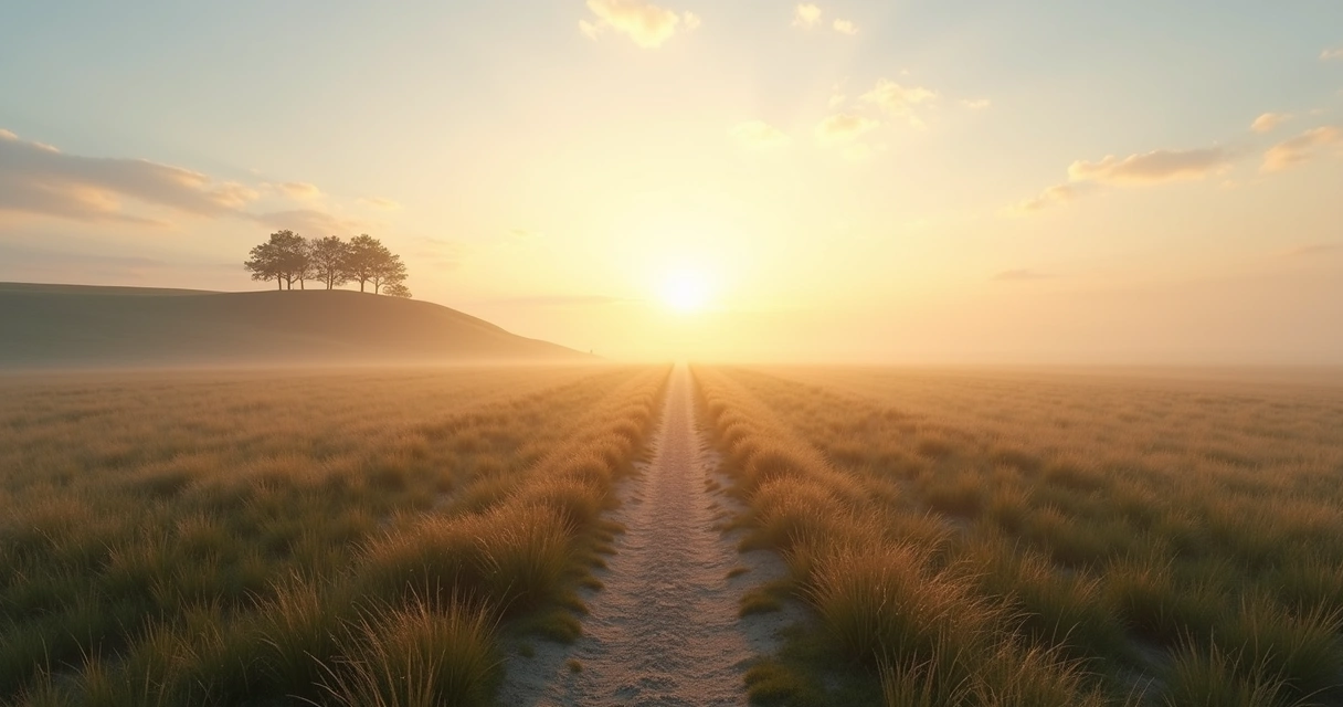Two paths leading through a field at sunrise