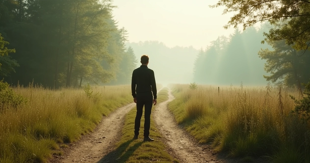 Person standing at a forked path in soft morning light