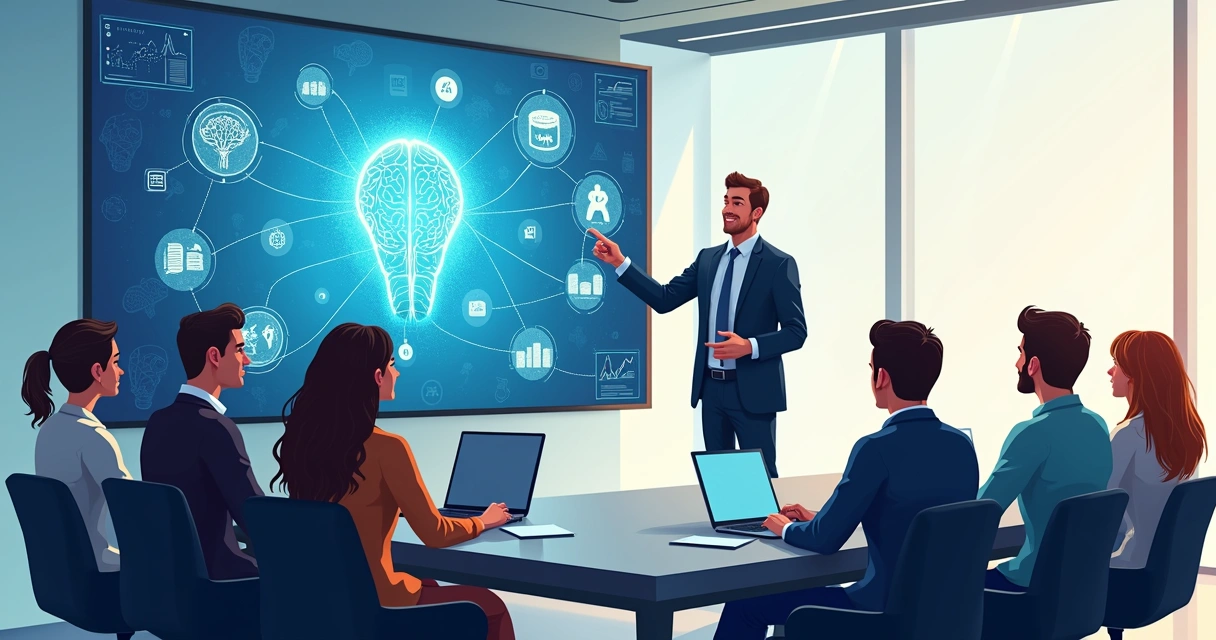 Treinamento de equipe sobre novas tecnologias em sala de reunião 