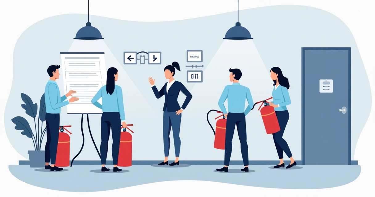 Treinamento prático de brigada dentro de empresa com extintores e sinalização de emergência 