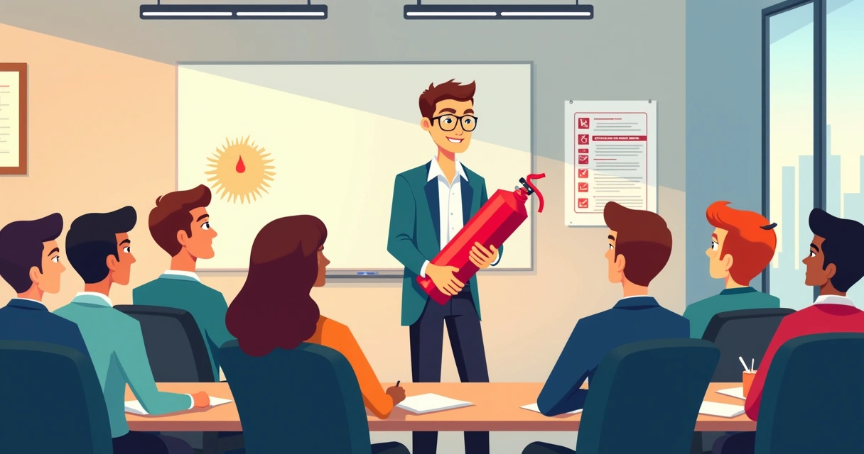 Instrutor de brigada de incêndio treinando colaboradores de empresa 