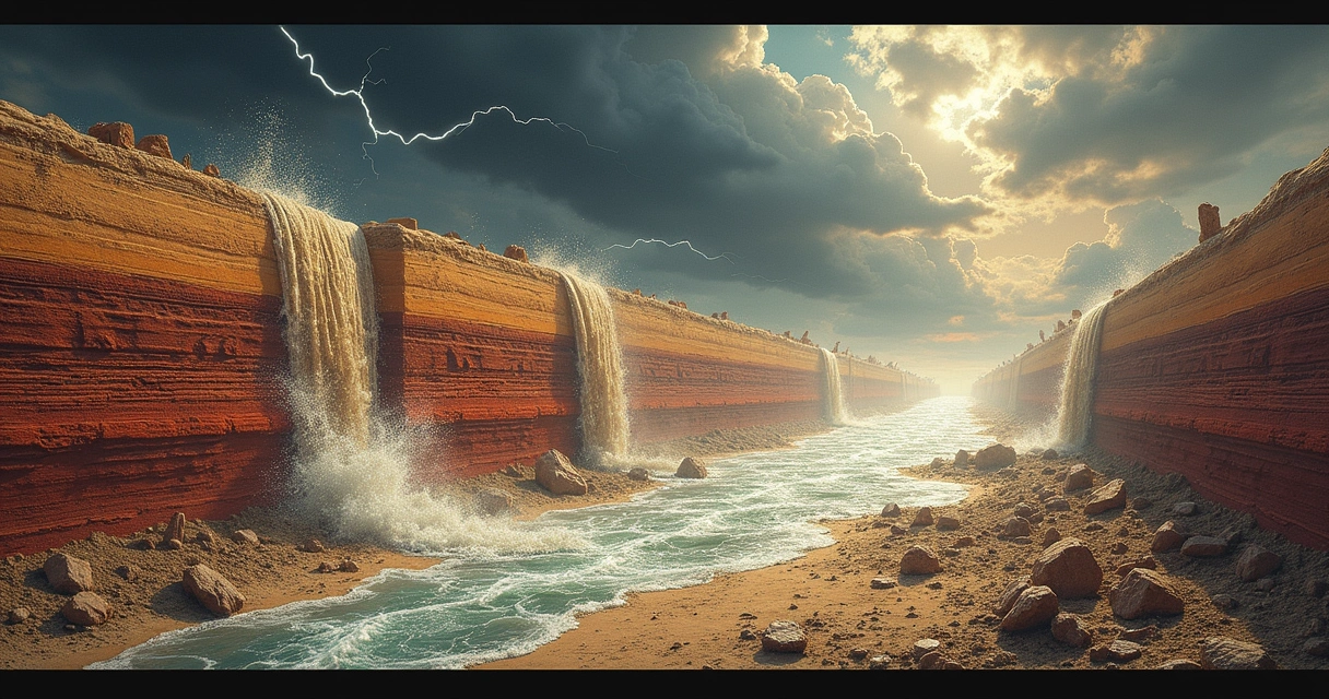 Ilustração da formação rápida de camadas geológicas com águas turbulentas, placas tectônicas e fósseis no sedimento.