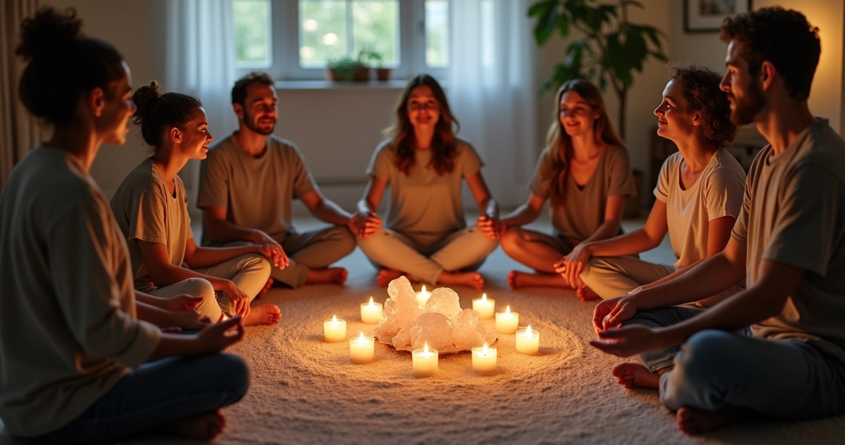 Pessoas sentadas em círculo em ambiente tranquilo, luz suave, mãos dadas, foco em energia de cura 