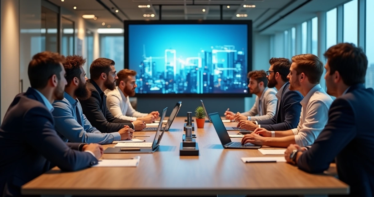 Grupo de colaboradores assistindo a um curso online em sala de reunião 