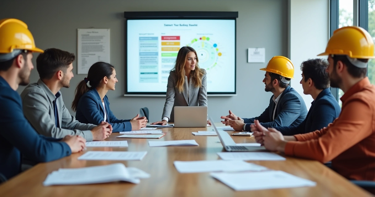 Grupo de trabalhadores reunidos em sala de treinamento 
