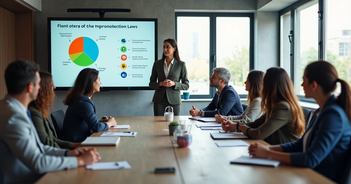 Grupo de conselheiros tutelares em treinamento com instrutor projetando slides