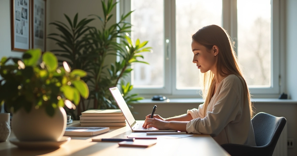 Mulher estudando para copywriting com notebook e anotações