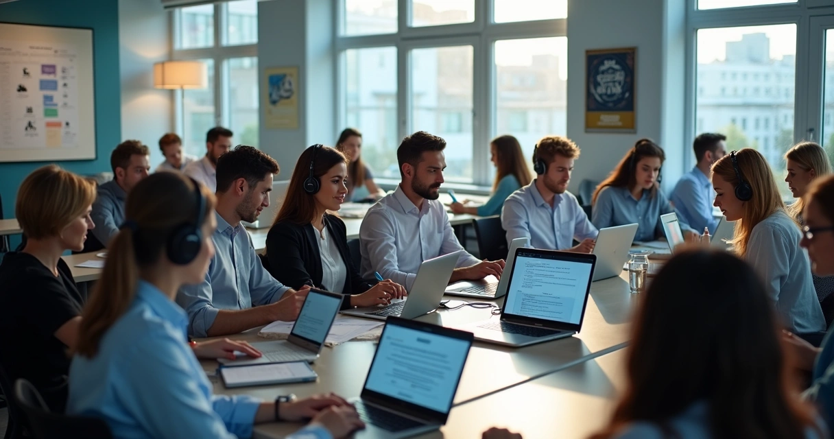 Funcionários assistindo treinamento EAD em computadores na empresa