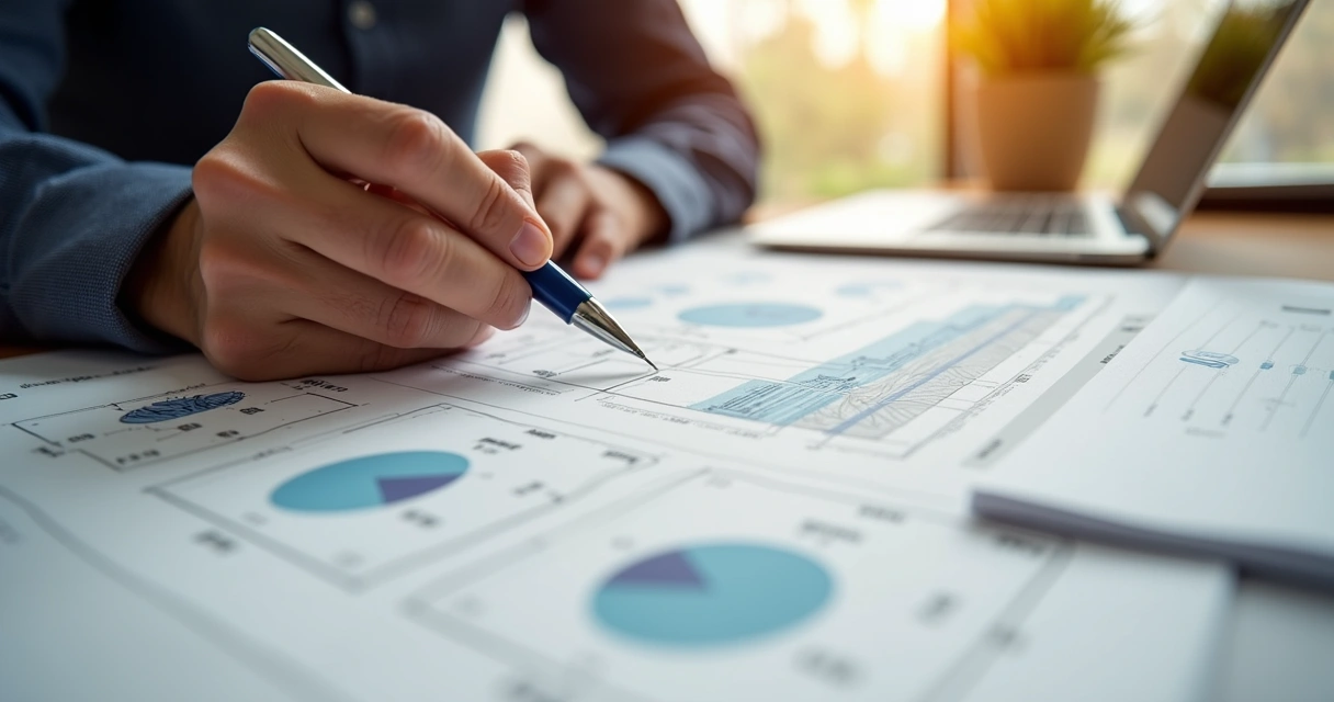 Documento com planilhas de preços e calculadora sobre mesa de escritório bem iluminada 